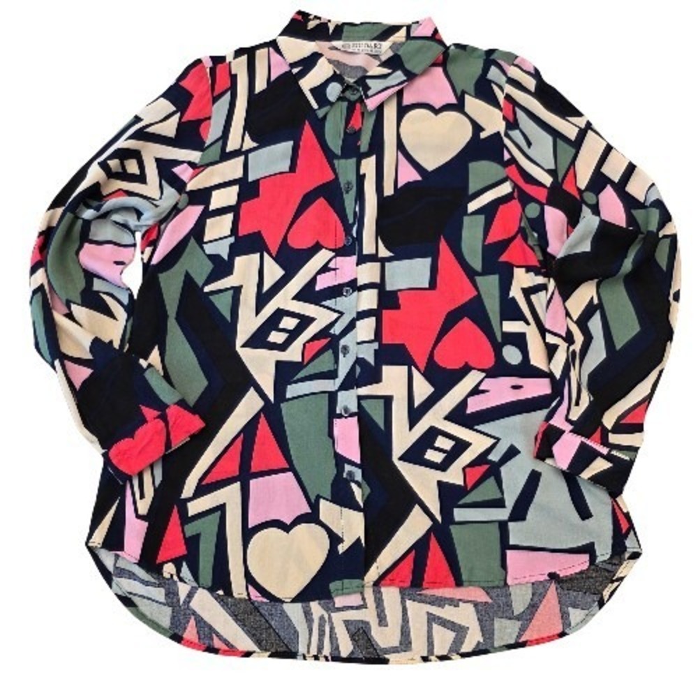 Vtg Big Dart Abstract Blouse Women's Sz 8 Pink Green Funky Long Sleeve‎ Hearts